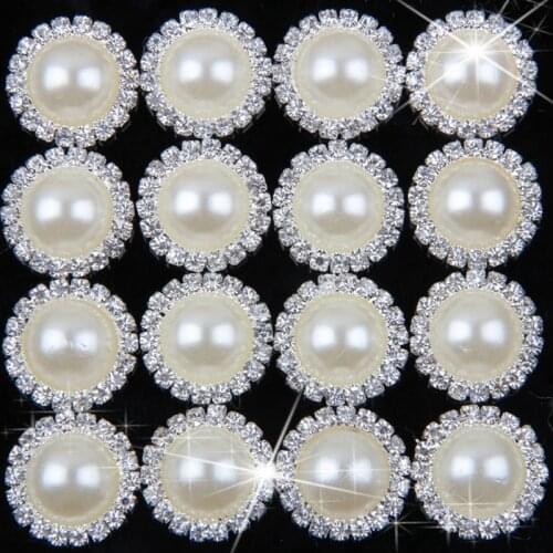 Nishine 20pcs Ivory Pearls Rhinestones Buttons Metal Wedding Invitations Decorate Button Trinket Hair Flower Center Scrapbooking