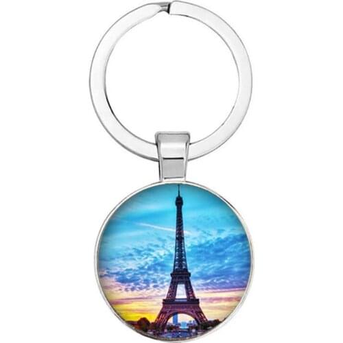 Romantic Paris Eiffel Tower Key Chain Art Lady Stroll Drawing Design Glass Pendant Cute Key Chain Key Ring Female Bag Jewelry