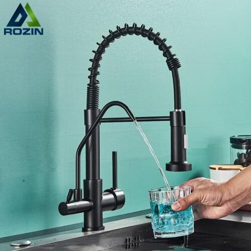 Rozin Purification Kitchen Faucets Black Pull Down Pure Water Kitchen Faucet 3 Ways Mixer torneira Swivel Hot Cold Water Taps