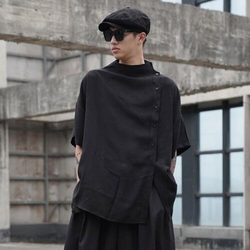 Men Summer Short Sleeve Stand Collar Casual Loose Shirt Male Japan Dark Black Style Streetwear Hip Hop Gothic Shirt