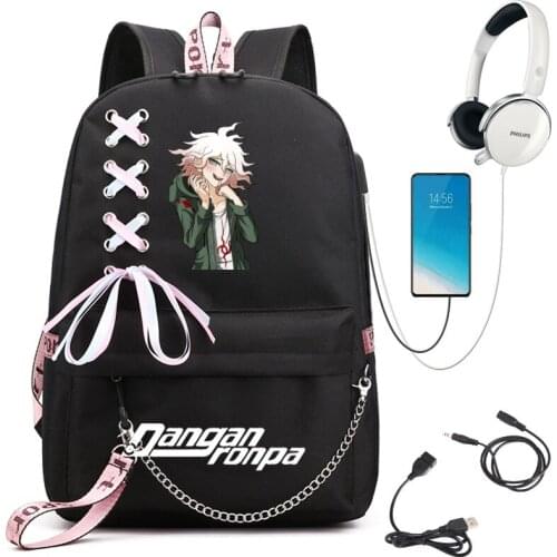 Danganronpa Nagito Komaeda School Bags Teenagers Travel Bags Laptop Chain Backpack USB Port Teens Girls Boys Students Mochilas