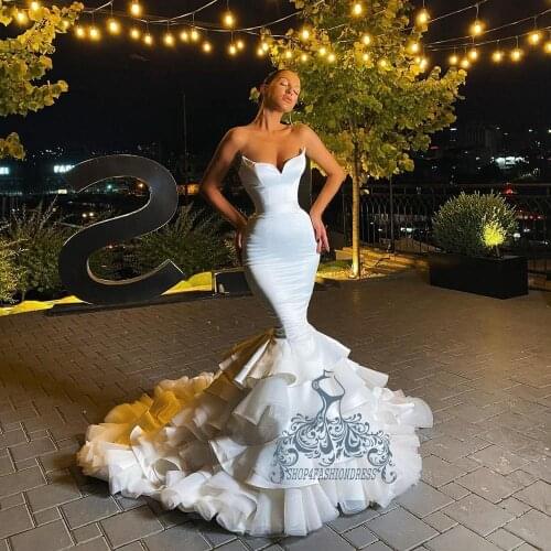 High Quality Strapless White Satin Mermaid Evening Dress Puffy Tiered Ruffles Formal Party Gowns For Bridal Vestidos Sukienki