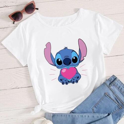 Kawaii Disney Cartoon Lilo Stitch T Shirt Women Cute Stitch Love Your Ohana Graphic Tees Tops Anime Harajuku Grunge T-shirt Lady