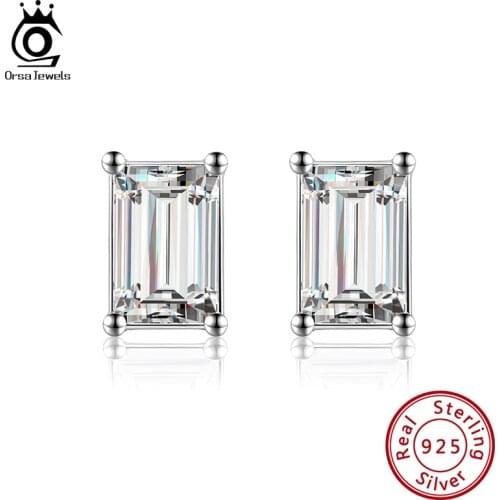 ORSA JEWELS Stud Earrings for Women 925 Sterling Silver Square Diamond Shape Design Vintage Accesorios Shiny Earings Gift OSE332