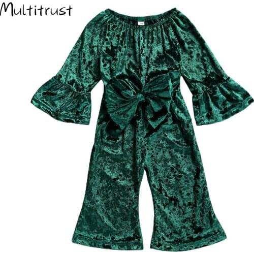 1-3Y Spring Autumn Baby Girls Flare Sleeve Romper Newborn Infant Off Shoulder Bowknot Velvet Romper Jumpsuits Overalls Outfits