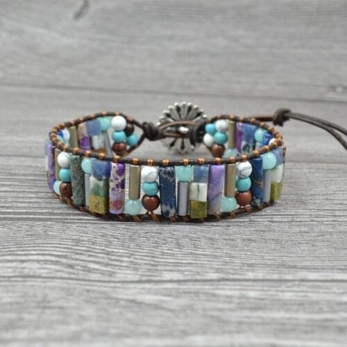 Women Boho Bracelet Tube Shape Natural Stone Single Leather Wrap Bracelet Semi Precious Stone Beaded Cuff Bracelet Jewelry Gifts