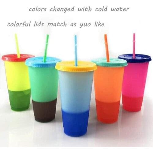 5pcs Color Changing Reusable Cold Cup 24oz Tumblers Reusable Discoloration Bottle With Straw Drinkware Plastic My Drink Bottle