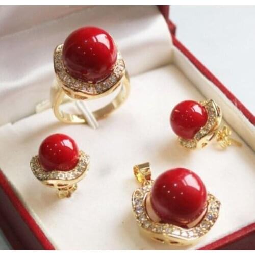 Free Shipping Hot sale new Style >>>>10mm &14mm Coral Red South sea Shell Pearl Earrings Ring Necklace Pendant Set