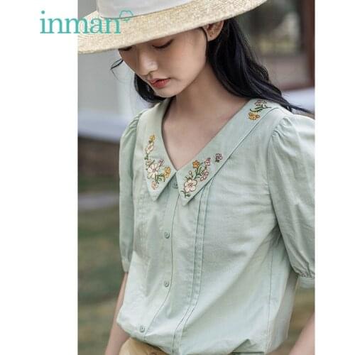 INMAN Summer White or Green Blouse Artsy Embroidery Turn Down Collar Front Drape Design Half Sleeve Lantern Sleeve Tops Shirt