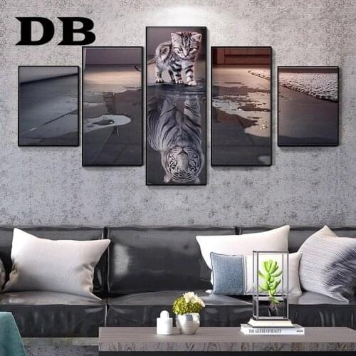 5 Pieces of Painting Nordic Art Animal Cat Tiger Module Picture HD Printing Poster Office Living Room Bedroom Home Decoration