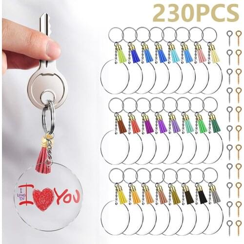 230Pcs Key Ring DIY Clear Circle Discs Keychains Making Kit Metal Acrylic Round Keyrings Blanks Tassel Pendant As Party Favors