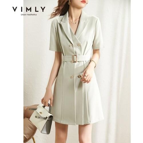 VIMLY Summer Womens Blazer Dress Elegant Notched Double Breasted Dresses For Women 2021 New Office Ladies Mini Dress F7550