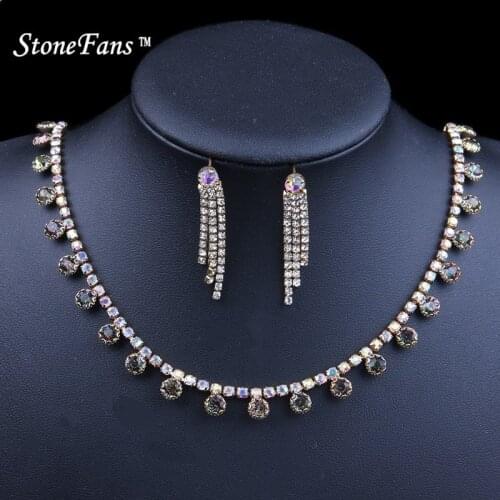 StoneFans Crystal Wedding Necklace Set Simple Chain Rhinestone Bridal Necklace Earrings Set For Women Gold Set Wedding Jewelry