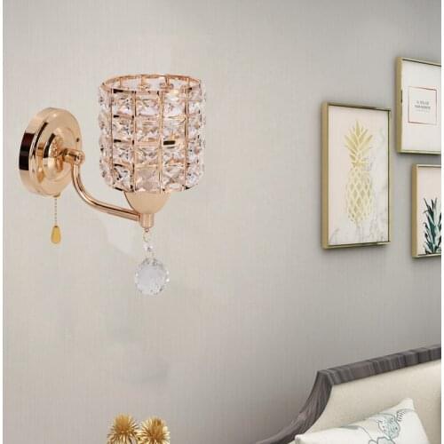 Modern Style Wall Light Cylinder Crystal Holder With Pendant And Pull Switch Ac 85-250V E14 Socket Wall Lamp,Gold