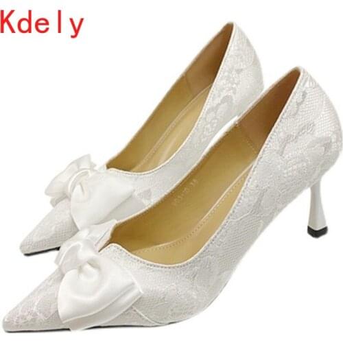 2021 New Style Explosive Pointed Toe Womens High Heels Stiletto Shallow Mouth Bow Work Womens Shoes 5.5cm Heel Velvet