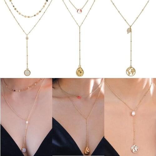 Natural Pearl Multi Layer Necklace For Women Metal Tag Pendant Necklace Summer Beach Boho Gold Chain Necklace Jewelry