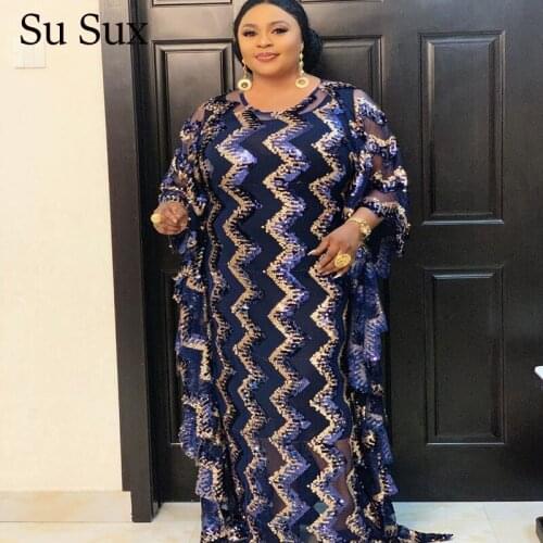 African Dresses For Women Plus Size Squines Loose Long Dress Robe Muslim Dashiki African Clothes O-Neck Bat Sleeve Maxi Dress