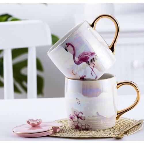 Simple Flamingo Ins Colorful Pearl Mug with Lid and Spoon Milk Coffee Couple Ceramic Cup Gift Box Three-Piece Gift Box