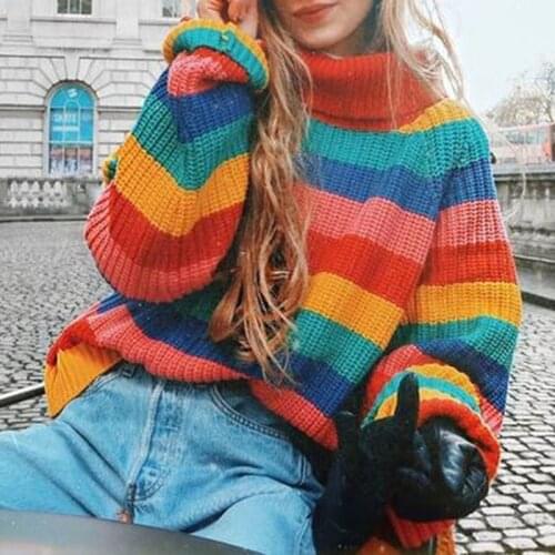 Plus Size Rainbow Sweater Casual Turtleneck Pullovers Winter Clothes Women Ugly Christmas Sexy Sweater Fashion Knitted Sweater