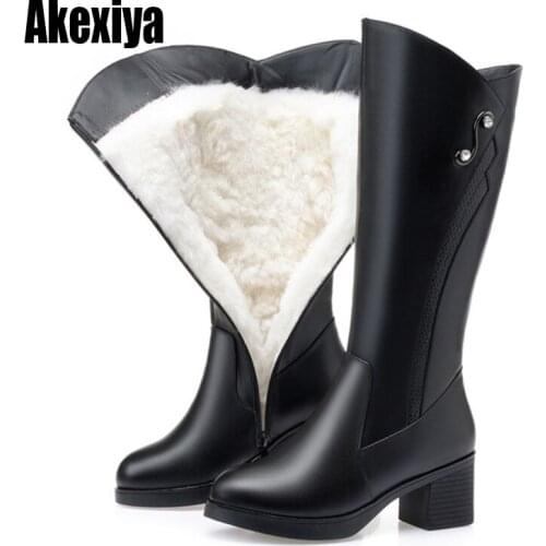 Women Snow Boots Shoes Wool Warm Genuine Leather Round Toe Knee-High Fur Warm Platform for Women Winter Boots u518