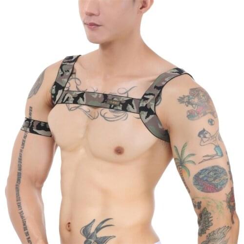 Sexy Harness Body Chest Lingerie Men Elastic Strap Bondage Costume hombre Sexy Mens Camouflage Performance Clubwear and Arm Band