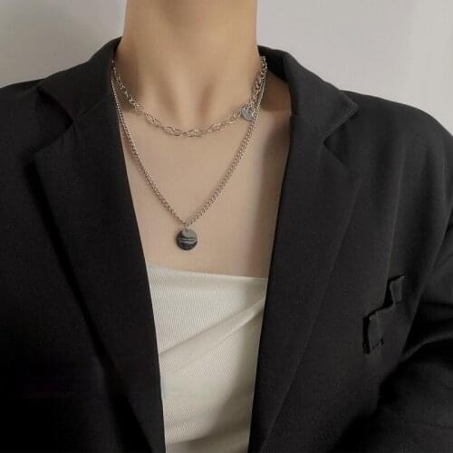 U-Magical Minimalist Double Layer Chunky Chain Coin Medallion Letter Pendant Necklace for Women Love Heart Necklace Jewelry