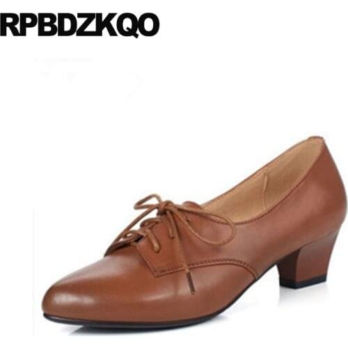 Size 4 34 women leather grey shoes brown block gray china lace up pointed toe 2018 retro medium heels vintage oxford genuine