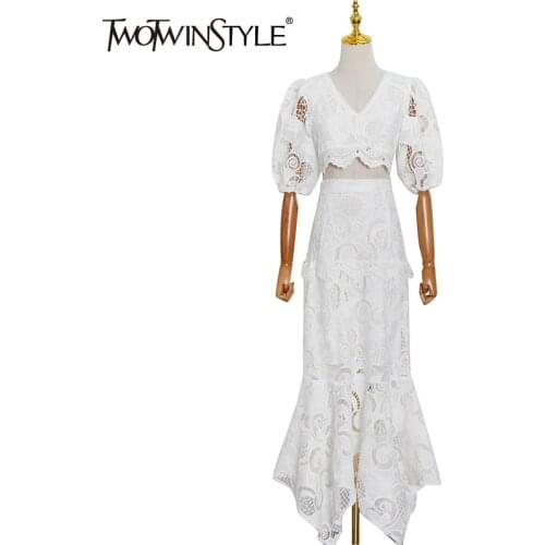 TWOTWINSTYLE Cut Out Sexy Two Piece Set For Females V-neck Puff Half Sleeve Tops High Waist Maxi Skirts Womens Skirt Suits 2021