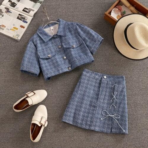 Vintage Houndstooth Two Piece Set Women Short Jacket Coat + Skirts Sets Korean Fashion Streetwear Crop Top Skirt 2 Piece Suits