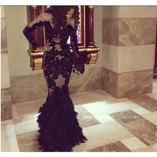 Black Lace Beaded Feather Mermaid Long Long Sleeves Arabic Evening Gown abendkleider robe de soiree mother of the bride dresses