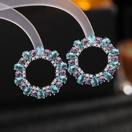 1 Pair Sexy Round Stud Earrings Luxury Blue Purple CZ Accessories For Women Girls Fashion Ear Jewelry