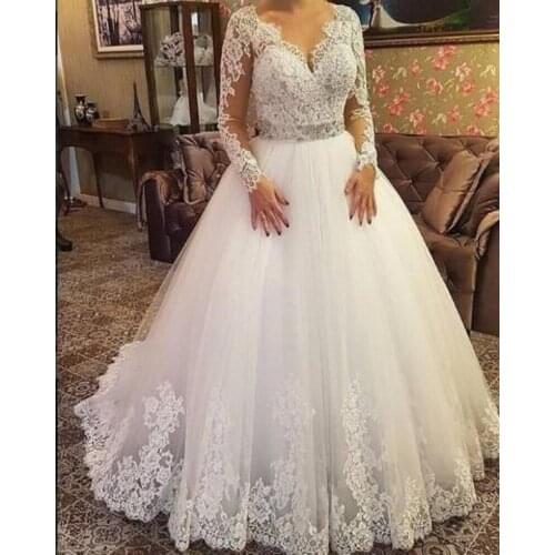 ANGELSBRIDEP Long Sleeves Ball Gown Wedding Dresses Vestido De Noiva Luxury Applique V-Neck Bride Dress Formal Bridal Gown HOT