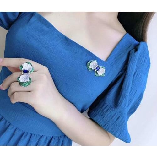 925 sterling silver with cubic zircon bowknot brooch double layers fine women jewelry green blue color free shipping