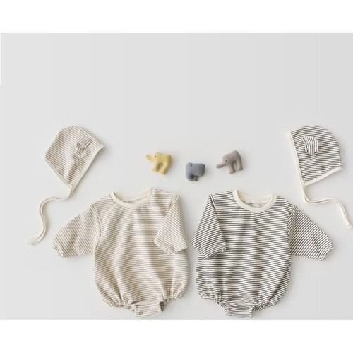 Spring and Autumn Baby Boys and Girls Cotton Striped Cute Little Ears Hat Romper