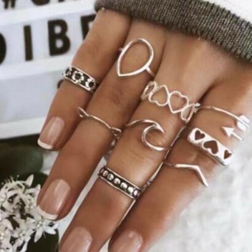 Anillos 9pcs Minimalist Retro Rings Set Heart Shape Arrows Spindrift Kitty Ear Flower Shaped Women Ring Suit Кольца 2021 Тренд