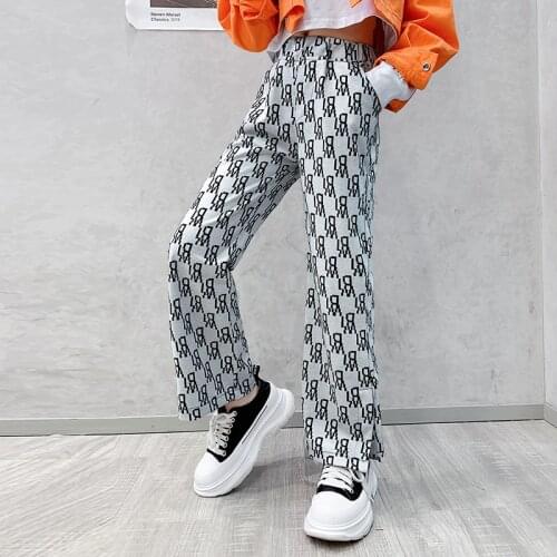 Korean Style Childrens Clothes for Girls Pants Cotton Letter Split Loose Wide Leg pants 3-14 Years Girls Trousers Boot Cut Pant