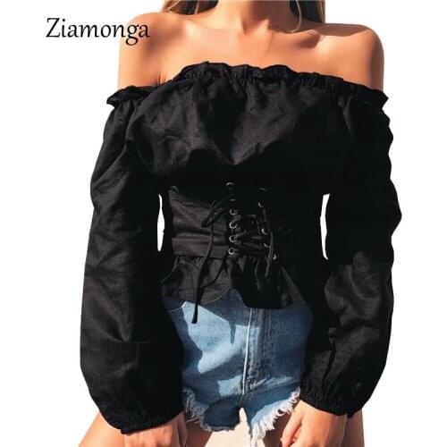 Ziamonga Fashion Tee Shirt Femme Long Sleeve Bandage Shirts Slash Neck Casual T Shirt Women Lace Up Waist Camisetas Feminina
