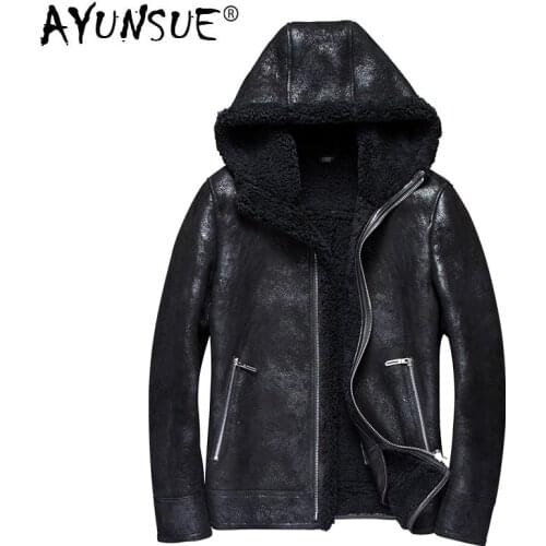 Mens Leather Jacket Winter Real Genuine Leather Jackets Hooded Sheepskin Coat Short Vintage Natural Wool Fur Coats 2020 7110-1