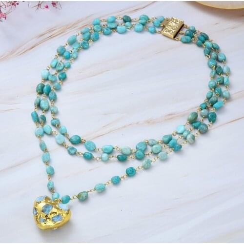 3 Strands Natural Peruvian Amazonite Chain Necklace Heart-Shaped Larimar Pendant statement necklace for women