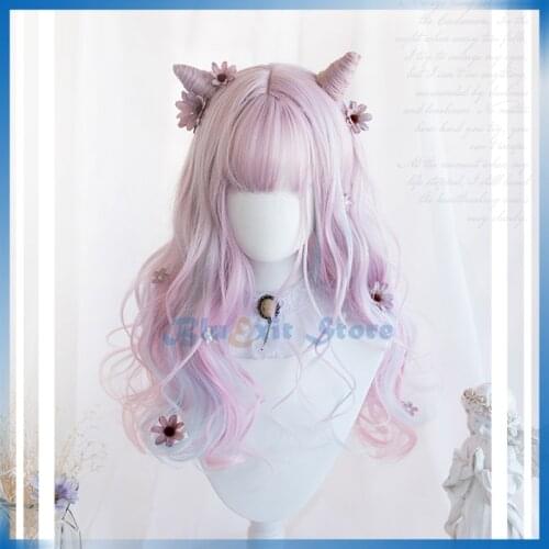 Gradual Pink Blue Lolita Wig Horns Cosplay Harajuku Sweet Cute Long Curly Wave Mixed Color Synthetic Hair Adult Girls Headwear