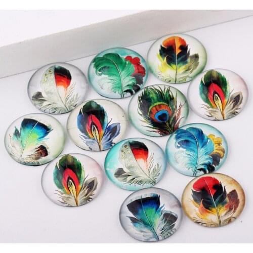 Reidgaller 10mm 12mm 14mm 18mm 20mm 25mm mix handmade bird feather photo round dome jewelry pendant glass cabochons