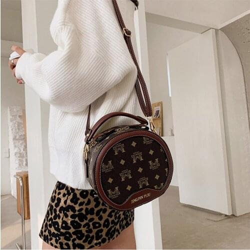 Luxury Printed Round-cake Bags Coffee/White/Brown Designer Brand Zipper Shoulder/Crossbody Bags Soft Leather Womens Handbags