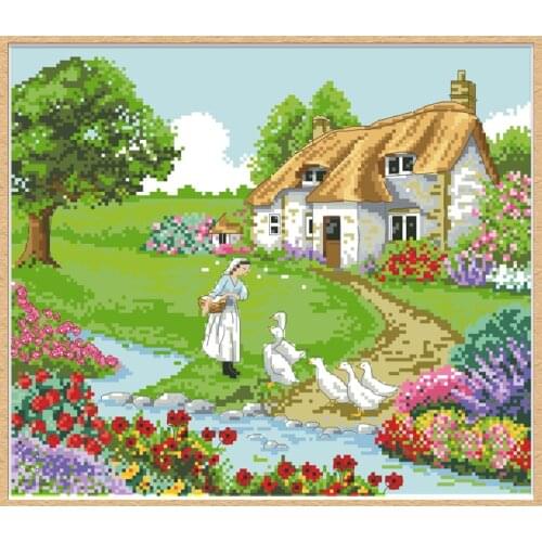 Rural View Counted Cross Stitch Patterns Kits Embroidery Needlework Sets Printed Canvas 11CT 14CT DIY Craft Home Decor Paintings