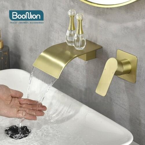 Boonion WaterFall SUS304 Brushed gold Hot And Cold Water Bathroom Faucet Wall Mount Mixer Wash Basin Scandinavian Style