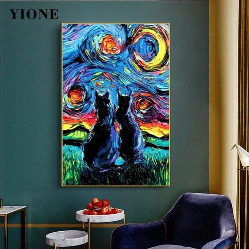 Couple Cats Rainbow Color Swirl Starry Sky Canvas Art Prints Custom Abstract Animal Oil Painting Wall Poster Picture for Room