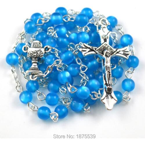 High quality resin cats eye bead catholic rosary blue round beaded necklace
