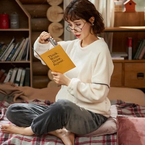 Womens pajamas Winter Flannel Plus Velvet Lingerie Thick Warm Pajamas Set Homewear Solid Pullover Long-sleeve Trousers Suit