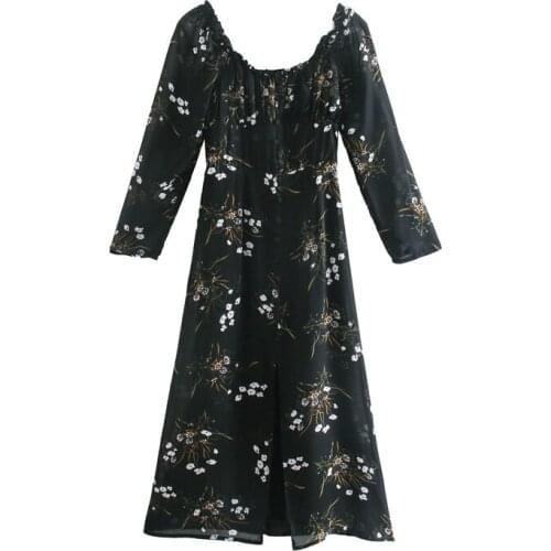 Women Dresses Long Sleeve Frill Square Neck Floral Print Vintage Dress Buttons Front Slit Sexy Slim Elegant Chiffon Midi Dress