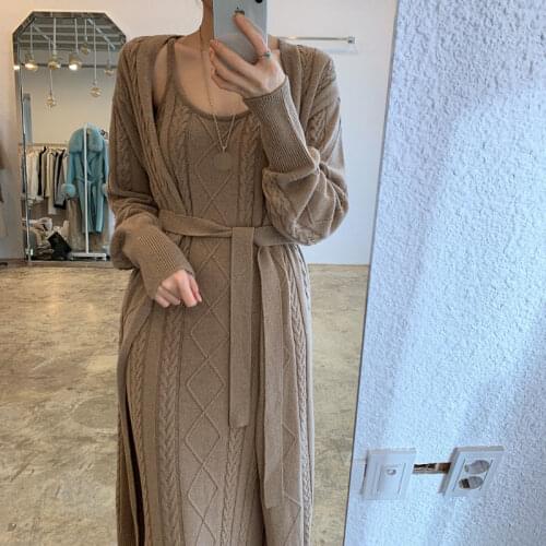 Elegant Winter Thick Knitted 2 Piece Set Dress Women Pink Twist Pattern Long Cardigan Sweater+Sleeveless Long Dress Suit