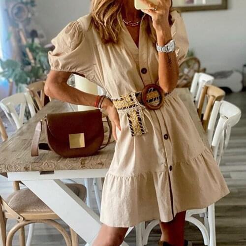 Women Dress Solid Single Breasted V Neck Lantern Sleeve Vintage Elegant Dress Summer Robe